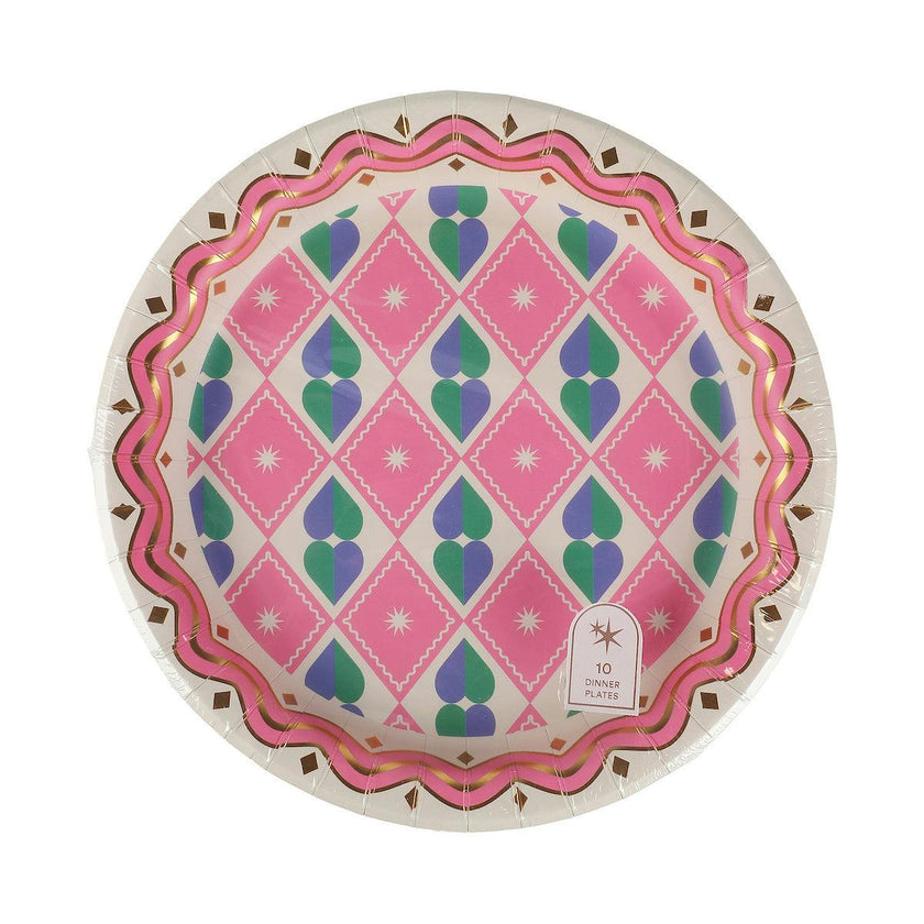 Packed Party Circus Soiree Dinner Plates 10ct - Gold Foil Colorful Party Dinner Plates, 10 Inch, 400 GSM for Circus and Carnival Celebrations