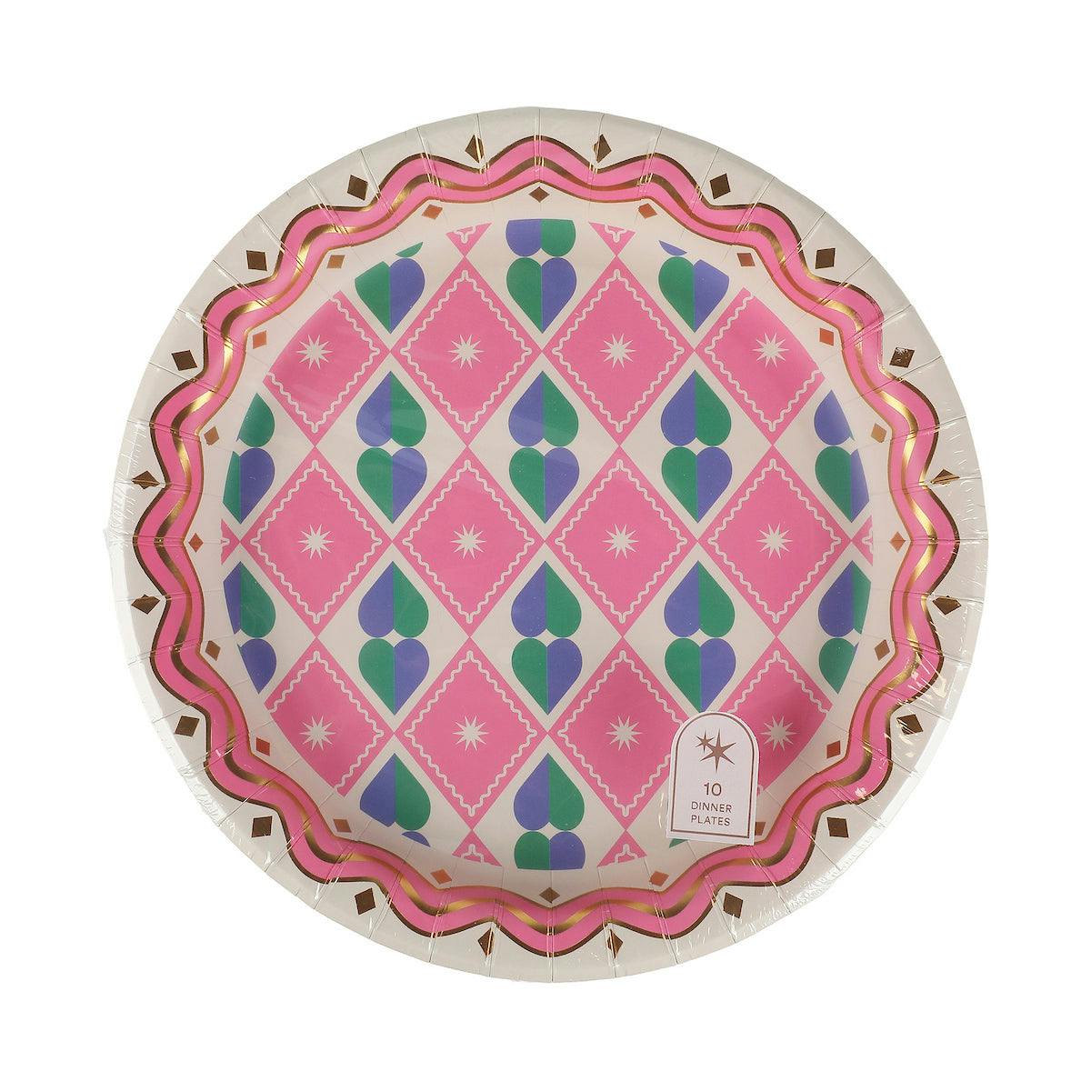 Packed Party Circus Soiree Dinner Plates 10ct - Gold Foil Colorful Party Dinner Plates, 10 Inch, 400 GSM for Circus and Carnival Celebrations
