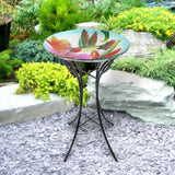 Hand painted Hummingbird Glass Birdbath with Solar LED