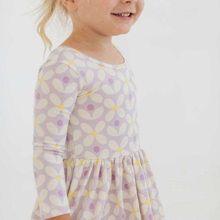 3/4 Sleeve Twirl Dress in Pale Purple Petals