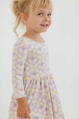 3/4 Sleeve Twirl Dress in Pale Purple Petals