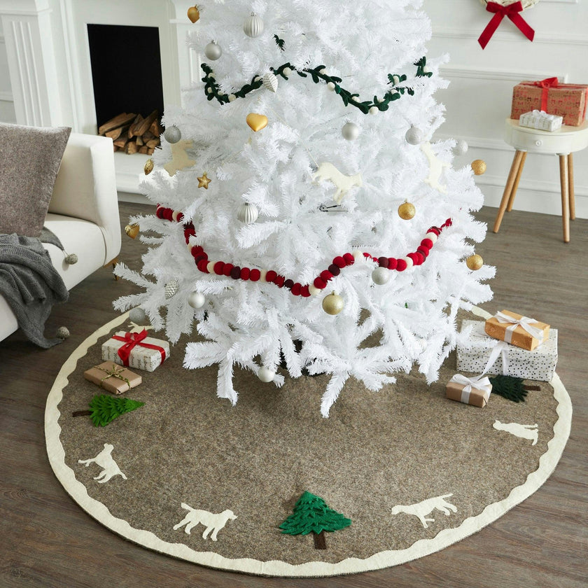 Cream Dogs and Green Trees Christmas Tree Skirt Gray Hand Felted Wool - 60" / 72"