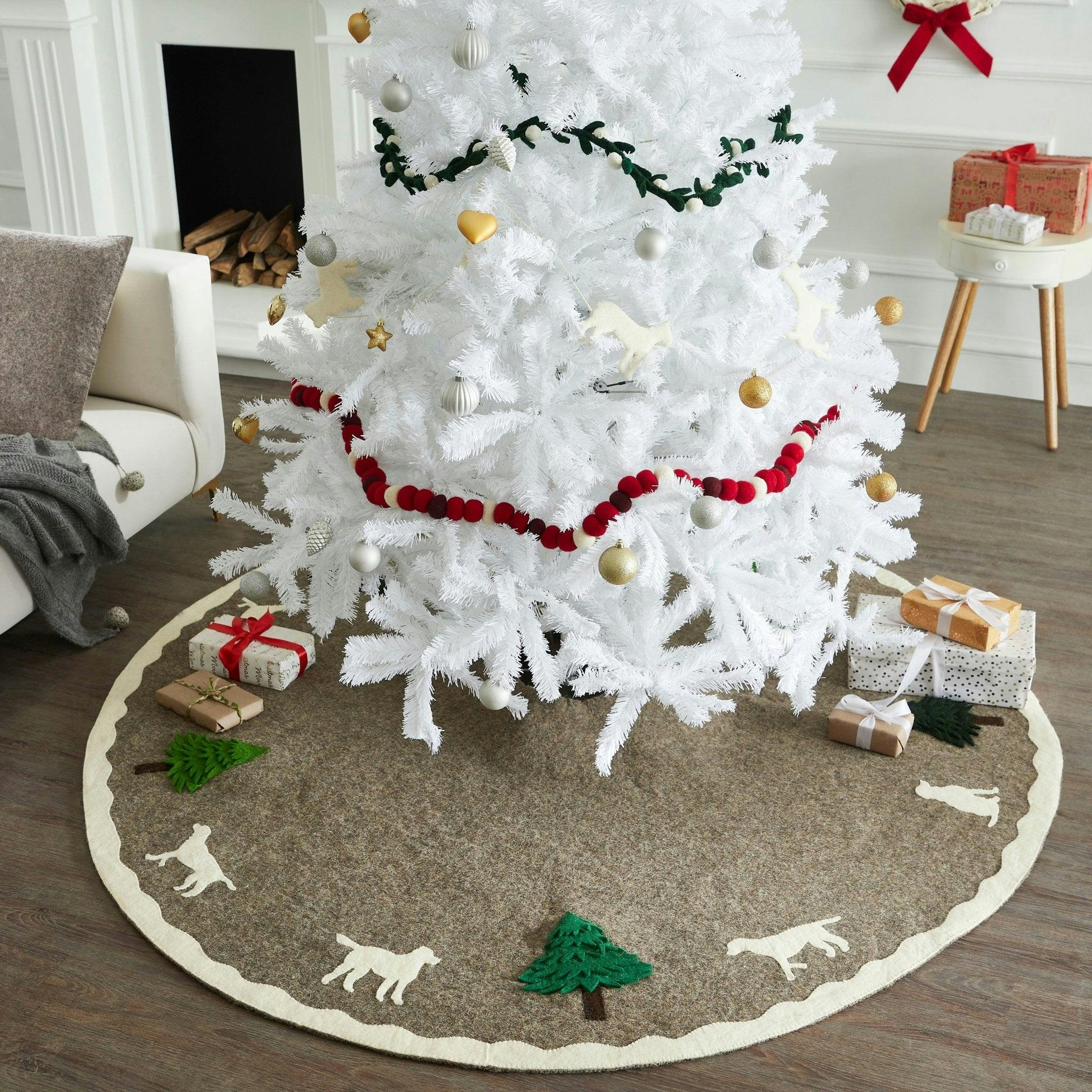 Cream Dogs and Green Trees Christmas Tree Skirt Gray Hand Felted Wool - 60