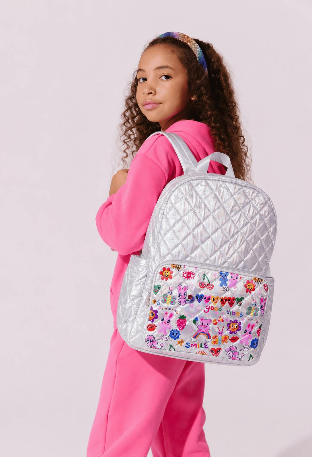 Silver Hologram Doodle Art Quilted Backpack