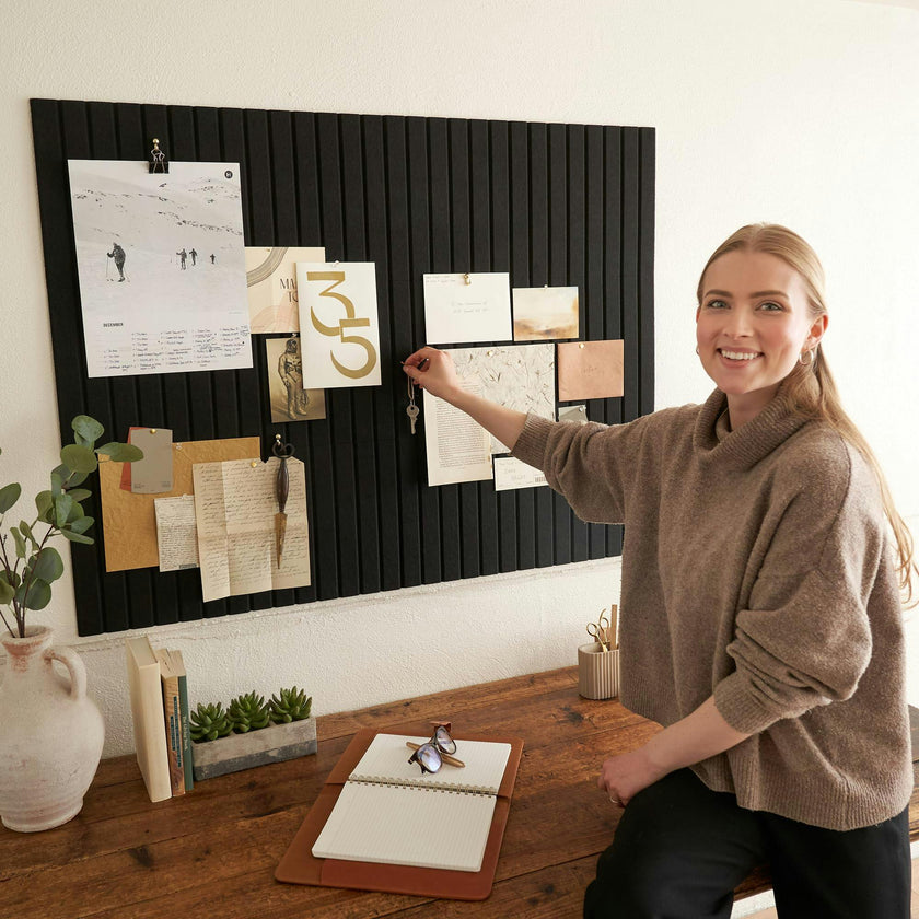 Large Felt Bulletin Board - Stylish 35" x 47" Cork Board Alternative for Office & Wall Decor - 12 Adhesive Tiles w/Golden Pins to Display Your Photos