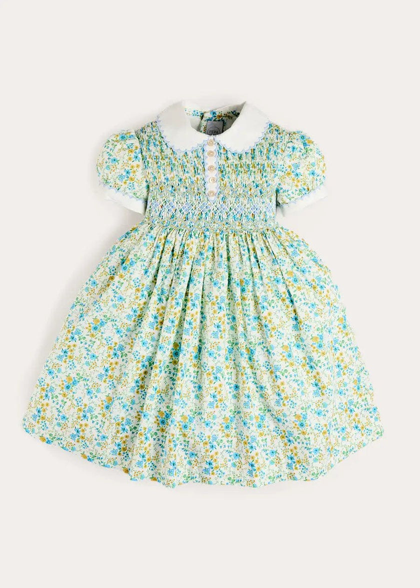 Louisa Floral Hand Smocked Short Sleeve Dress in Blue (18mths- 10yrs)