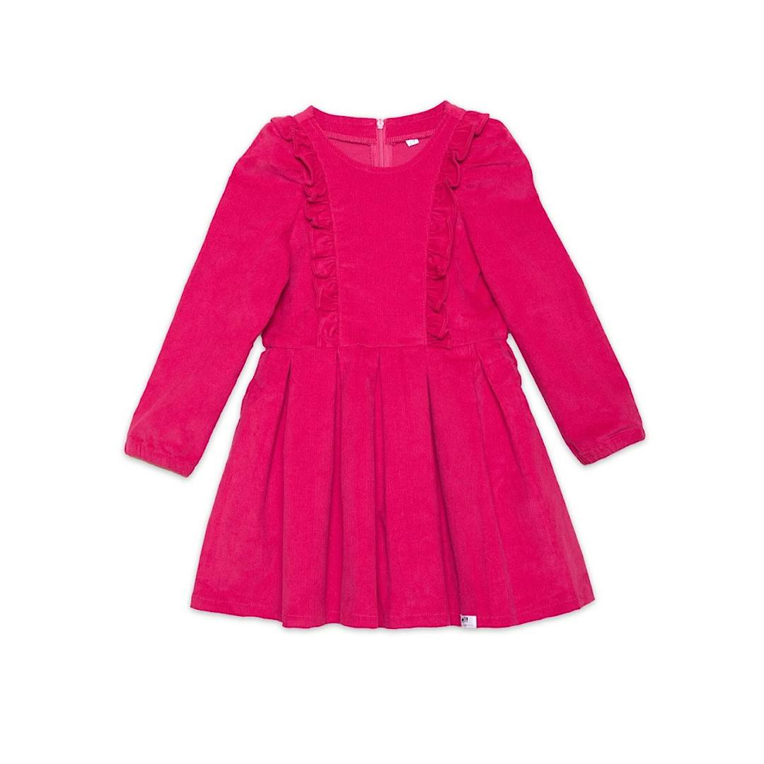 Long Sleeve Ruffle Dress in Red Corduroy