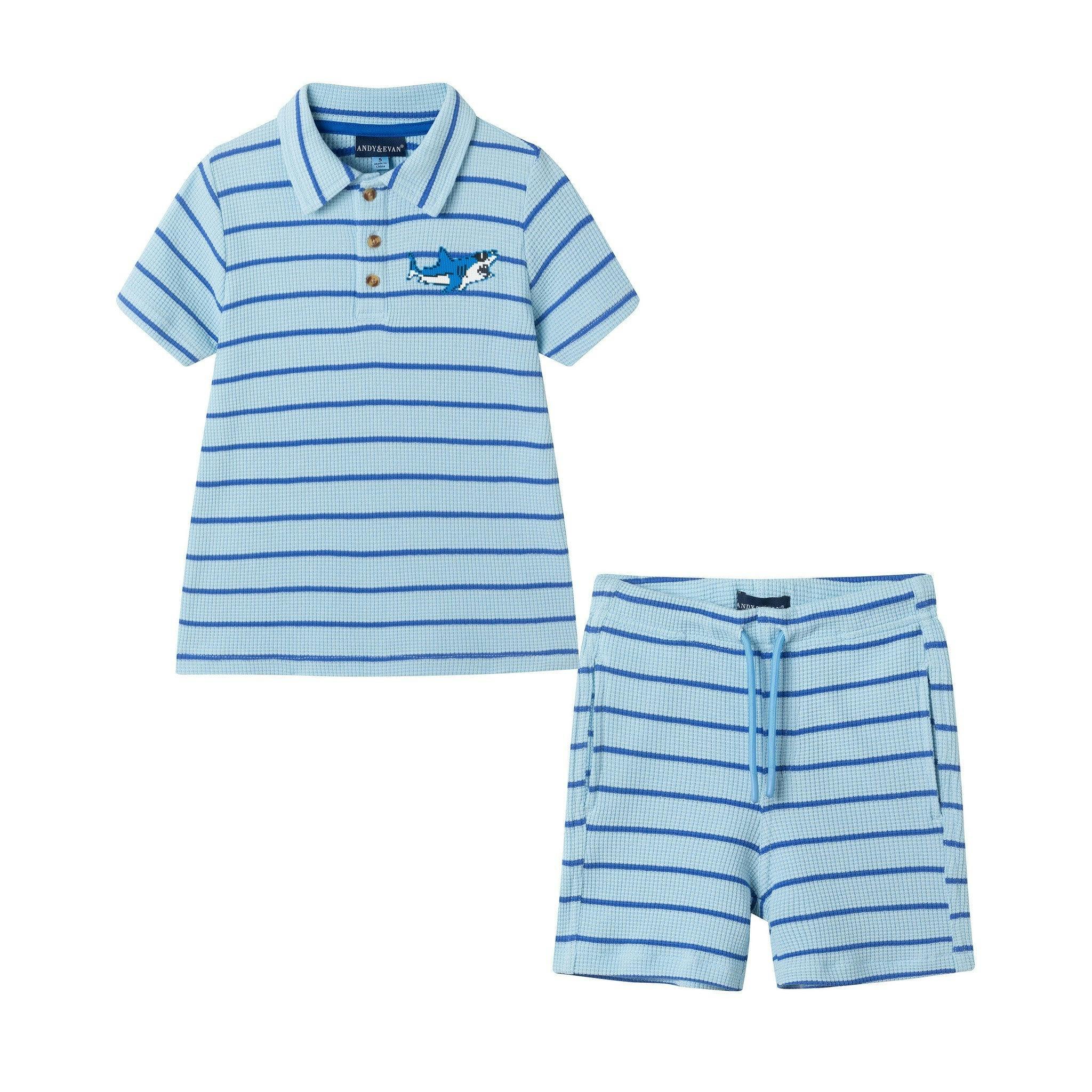 Boys Striped Waffle Polo Set | Blue Shark