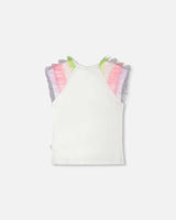Organic Cotton Jersey T-Shirt White With Multicolor Mesh Sleeves