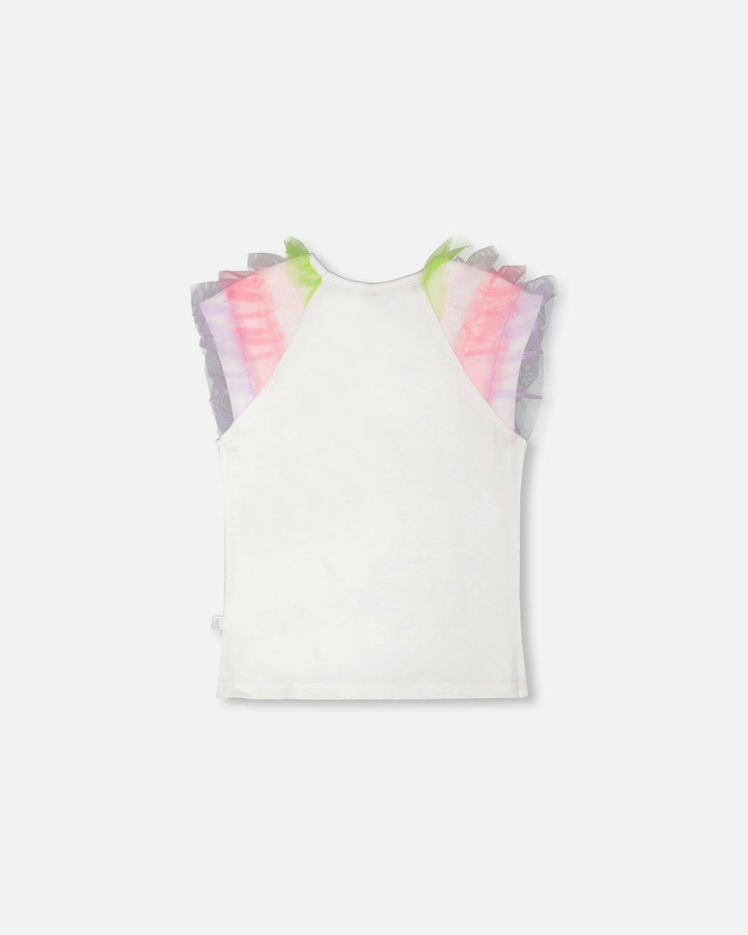 Organic Cotton Jersey T-Shirt White With Multicolor Mesh Sleeves