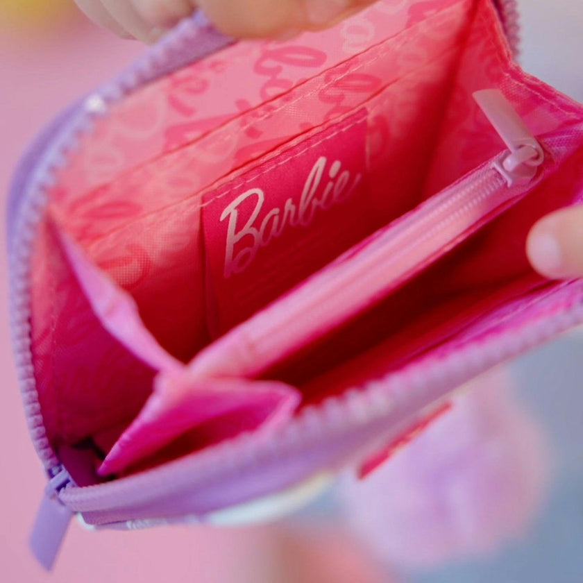 Barbie™ Purple Checkered Kids Zip Wallet with Pom Charm