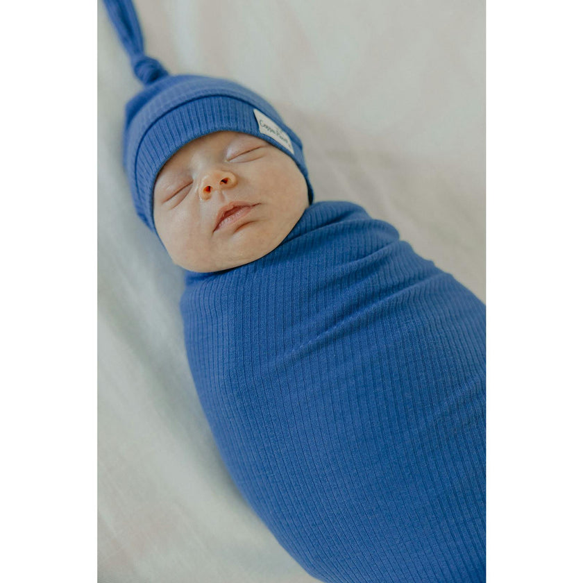 Indigo Rib Knit Top Knot Hat