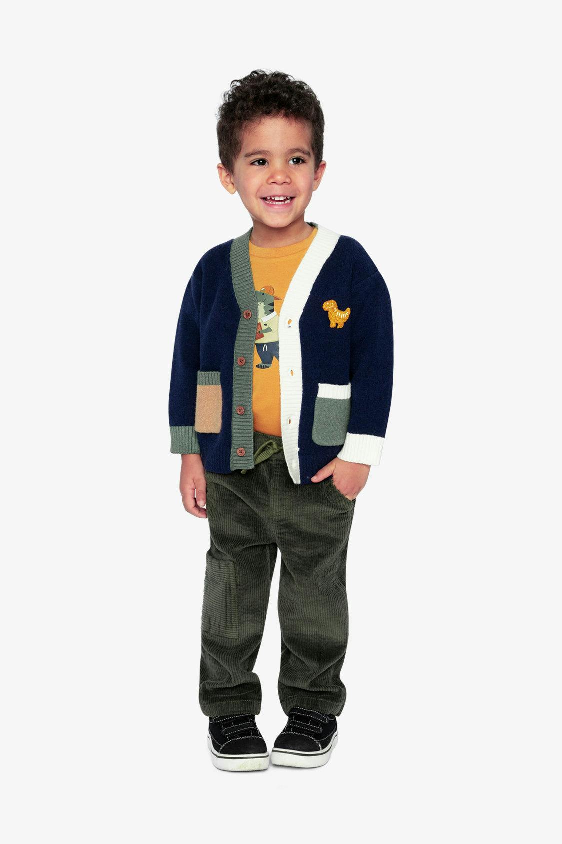 Knit Cardigan With Dino Dark Blue, Green And Yellow