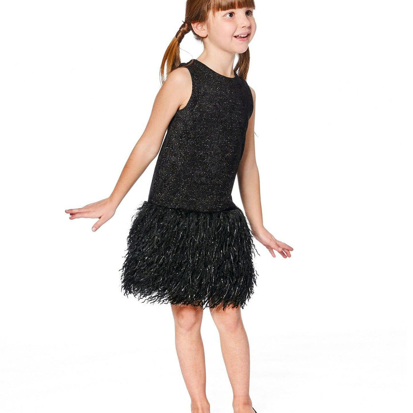 Sleeveless Bi-Material Lurex Dress with Feathers