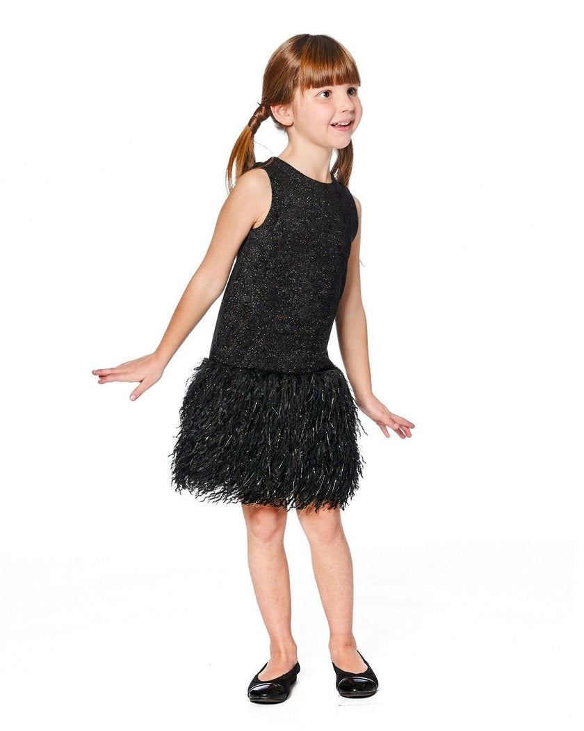 Sleeveless Bi-Material Lurex Dress with Feathers