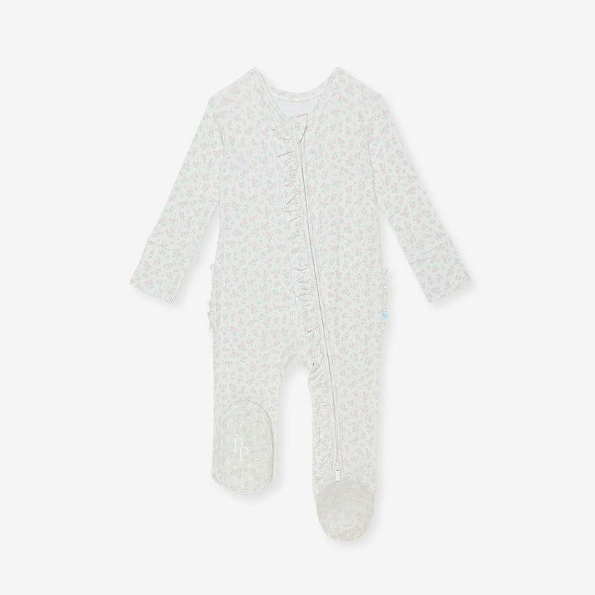 Andina Cream Pointelle Footie Ruffled Zippered One Piece