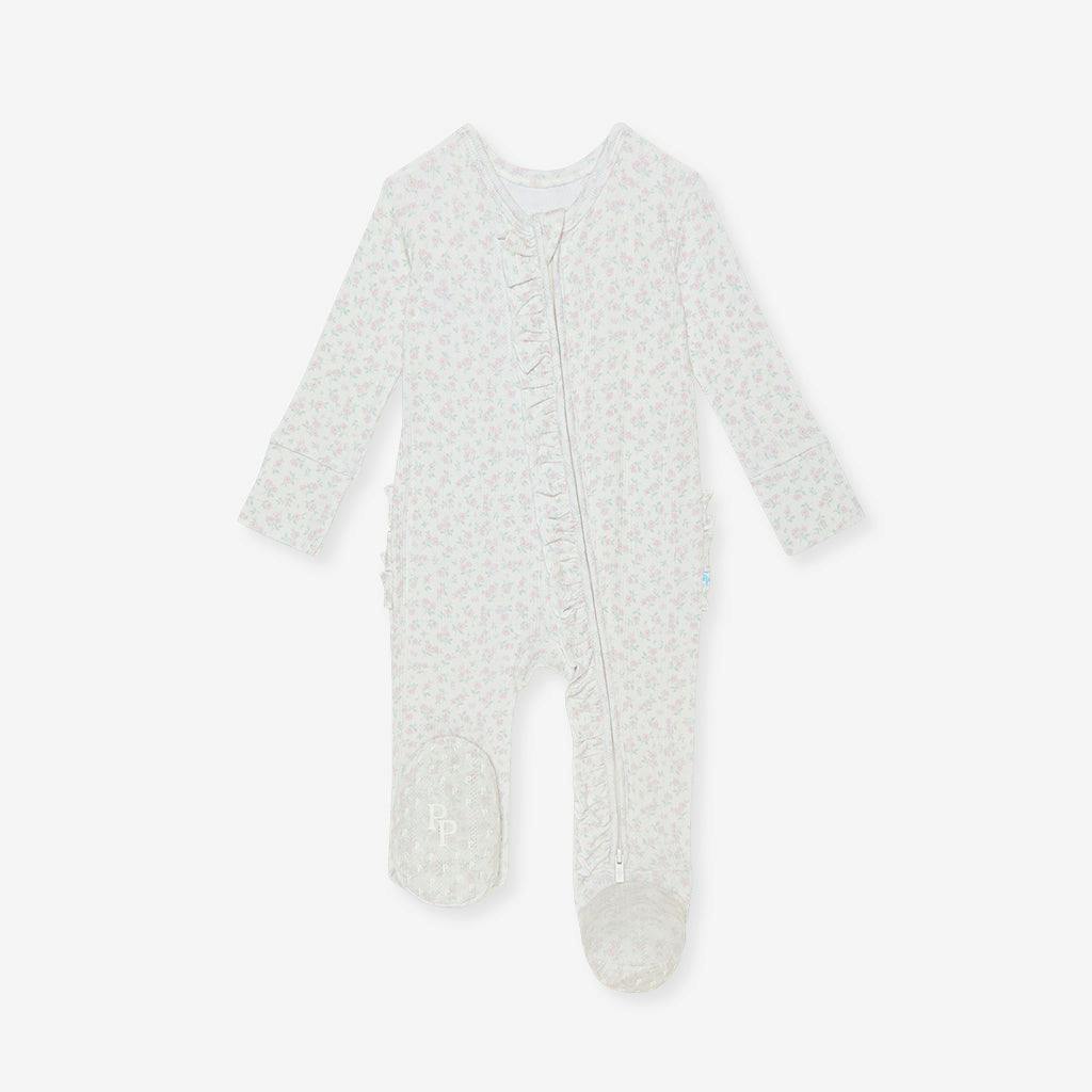 Andina Cream Pointelle Footie Ruffled Zippered One Piece