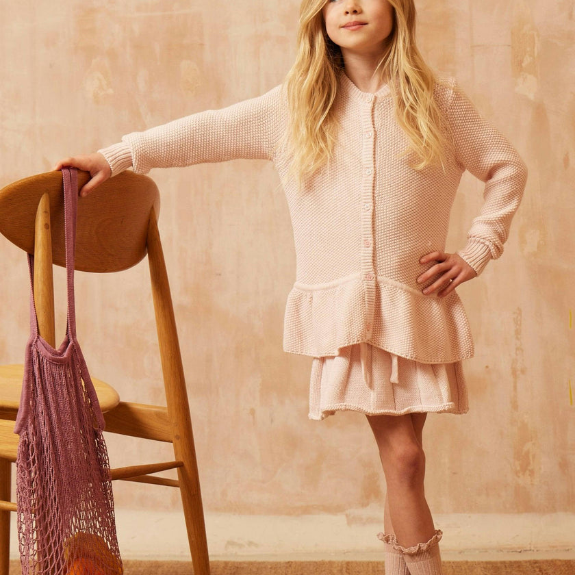 Moss Stitch Ruffled Cardigan | Blush