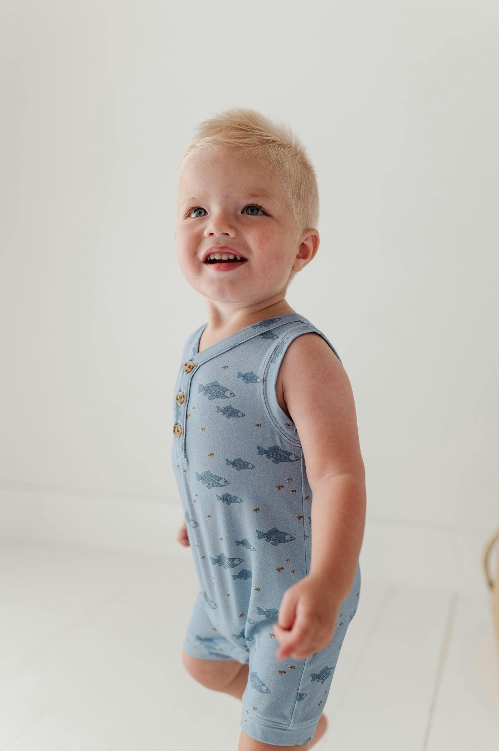Baby Boy Sleeveless Romper in Fish