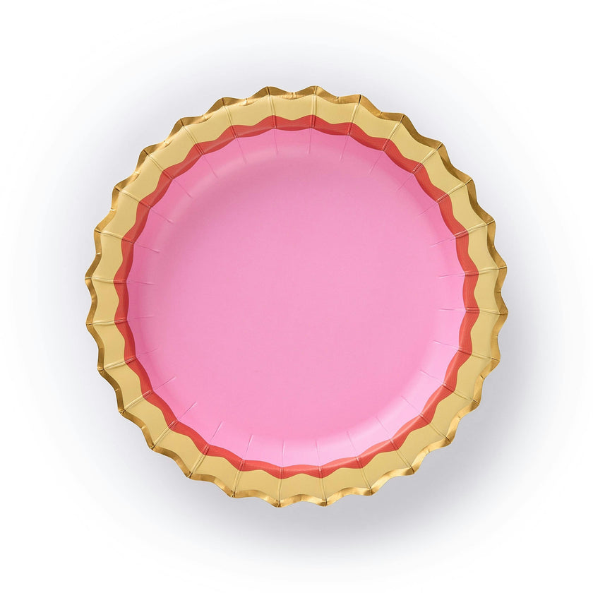 Packed Party Rainbow Ric Rac 10ct Paper Dessert Plates | Gold Foil Scalloped 5-Color Mix Party Plates | 8 Inch Birthday Plates