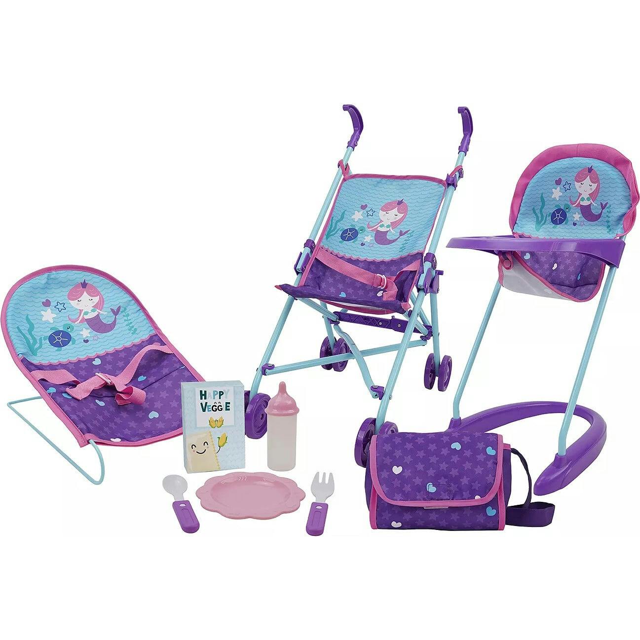 Mermaid 9 Piece Doll Accessory Set: Includes Stroller