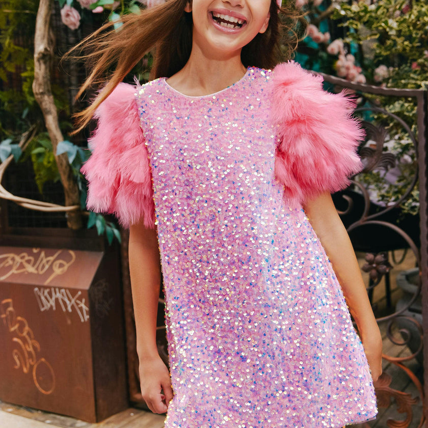 Feather Puff Sleeve Sequin Party Dress