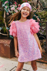 Feather Puff Sleeve Sequin Party Dress