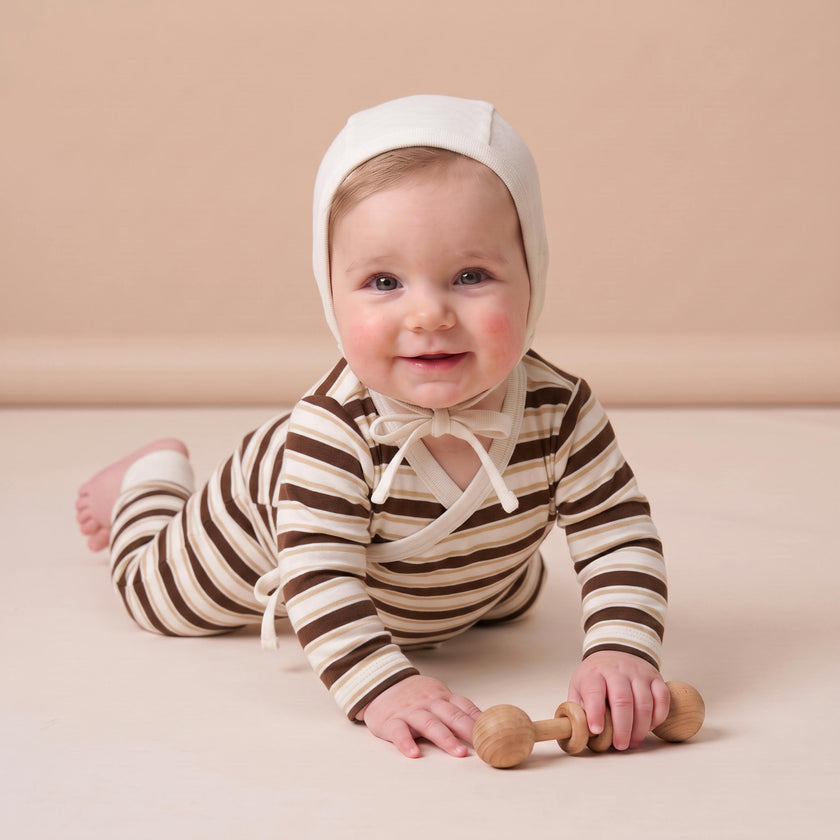Organic Kimono Onesie & Pants Set - Cocoa Stripe