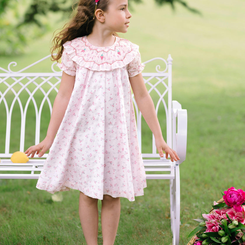 Myrtille Pink Floral Short Sleeve Bishop Dress