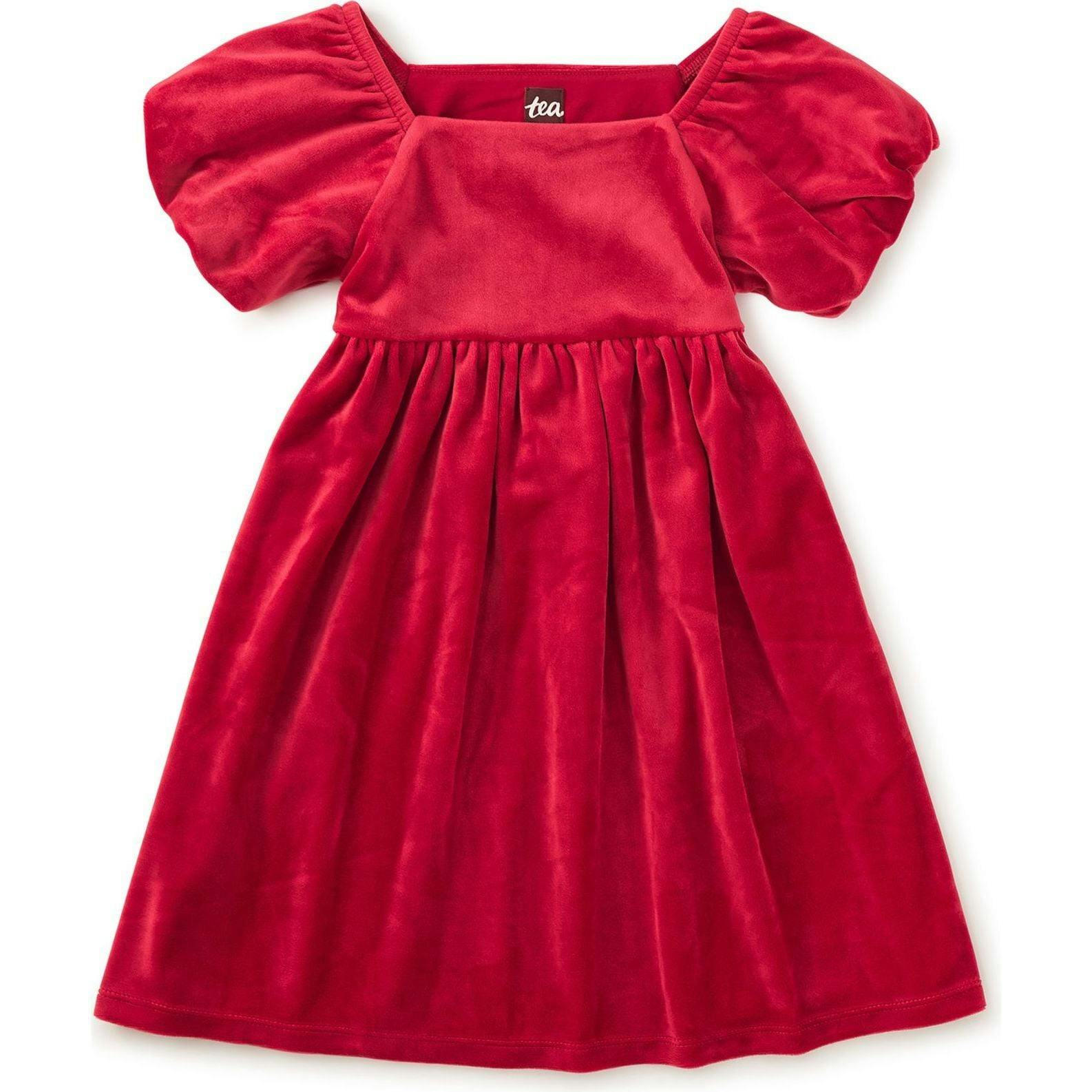 Puff Shoulder Velour Dress, Red