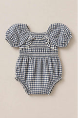Baby Mae 3/4 Sleeves Romper in Prussian Blue Plaid