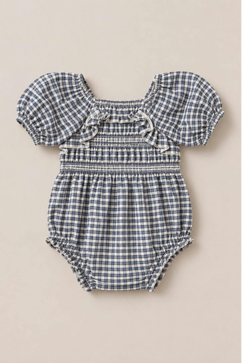 Baby Mae 3/4 Sleeves Romper in Prussian Blue Plaid