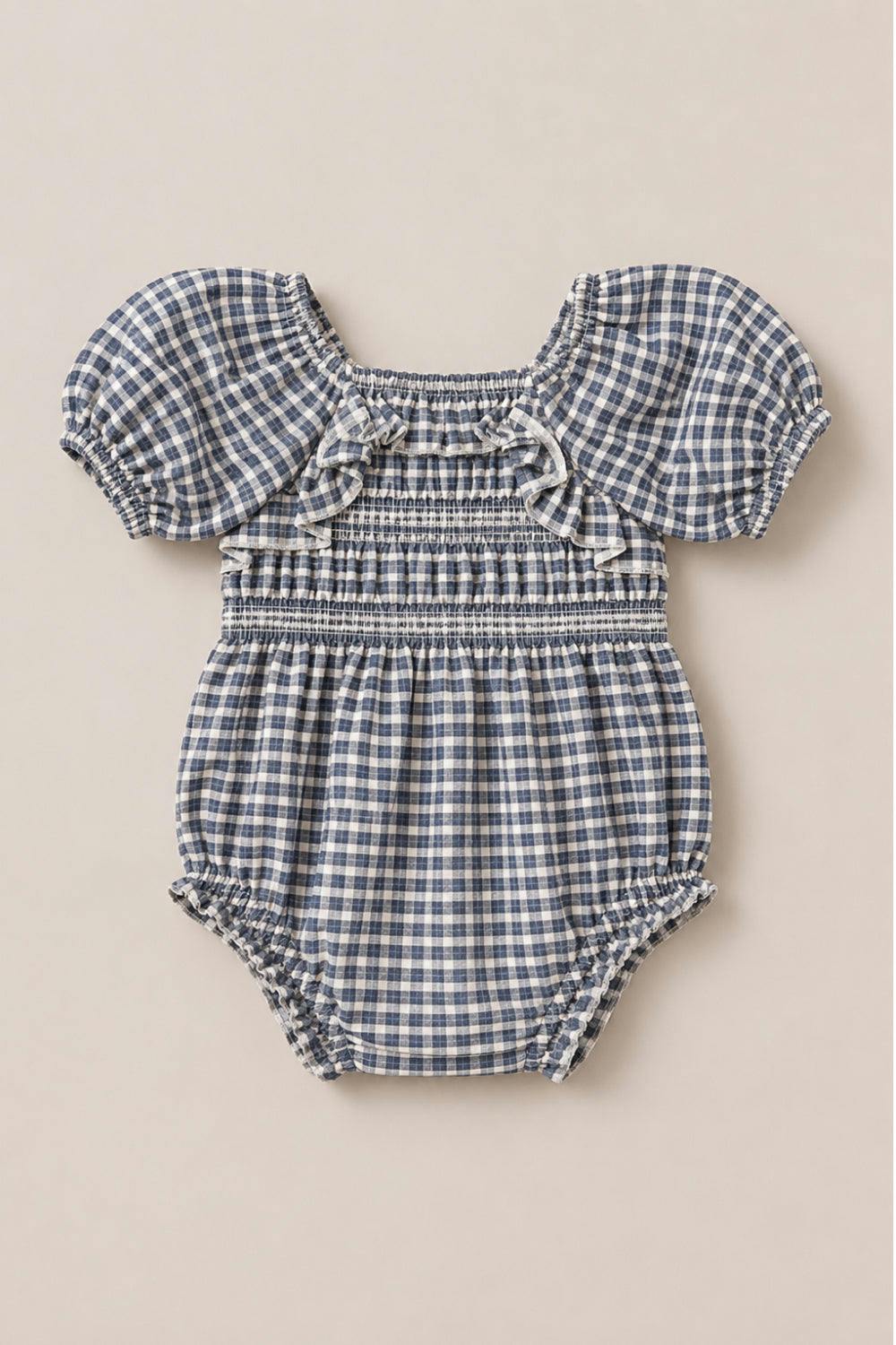Baby Mae 3/4 Sleeves Romper in Prussian Blue Plaid