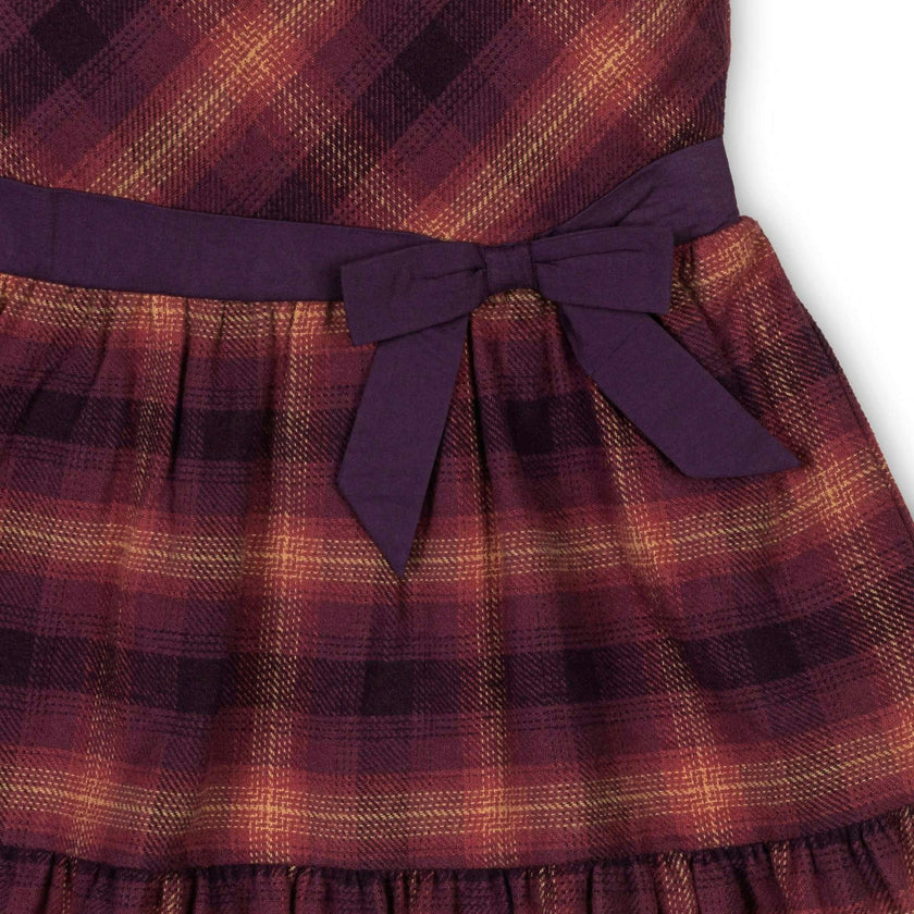 Organic Puff Sleeve Tiered Flannel Dress with Sash, Purple