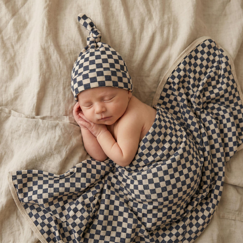 Organic Swaddle Blanket & Hat Set - Midnight Check
