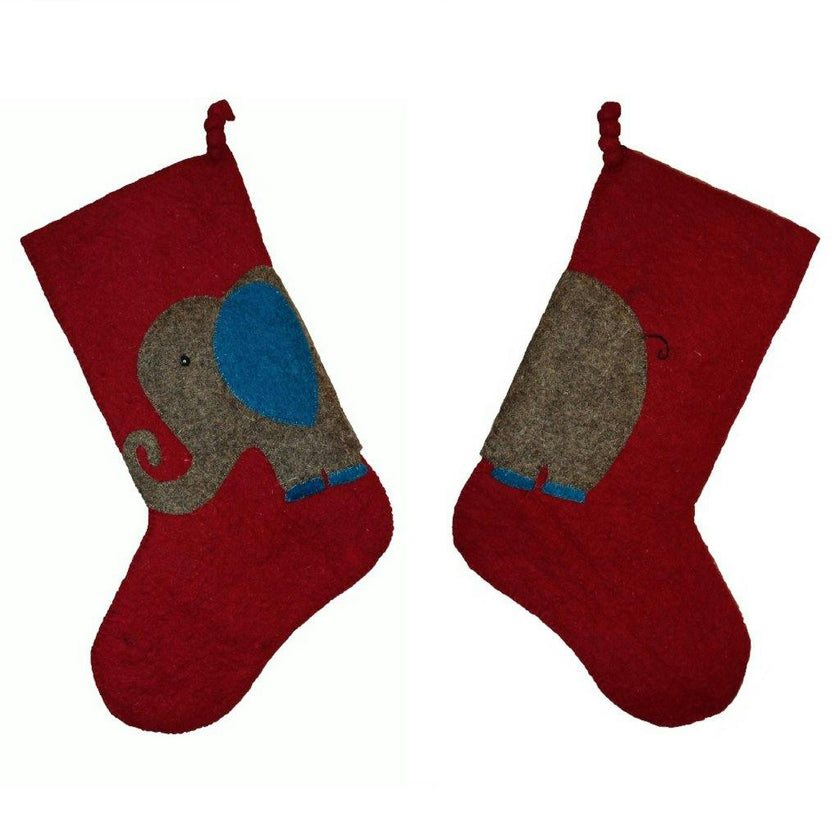 Kids Elephant Double Sided Red Hand Felted Wool Christmas Stocking