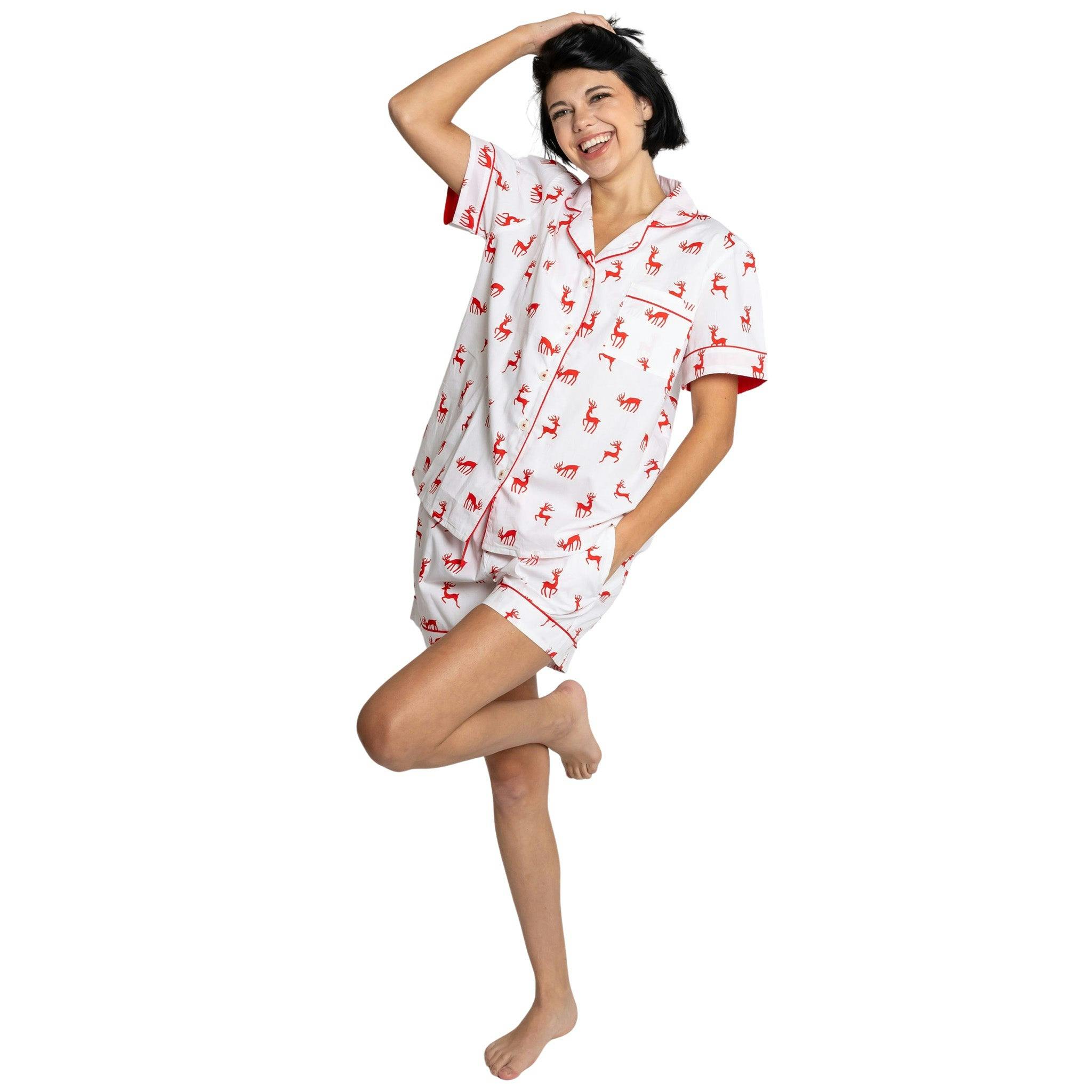 Women's Reindeer Red Short PJ Set - Organic Cotton Poplin