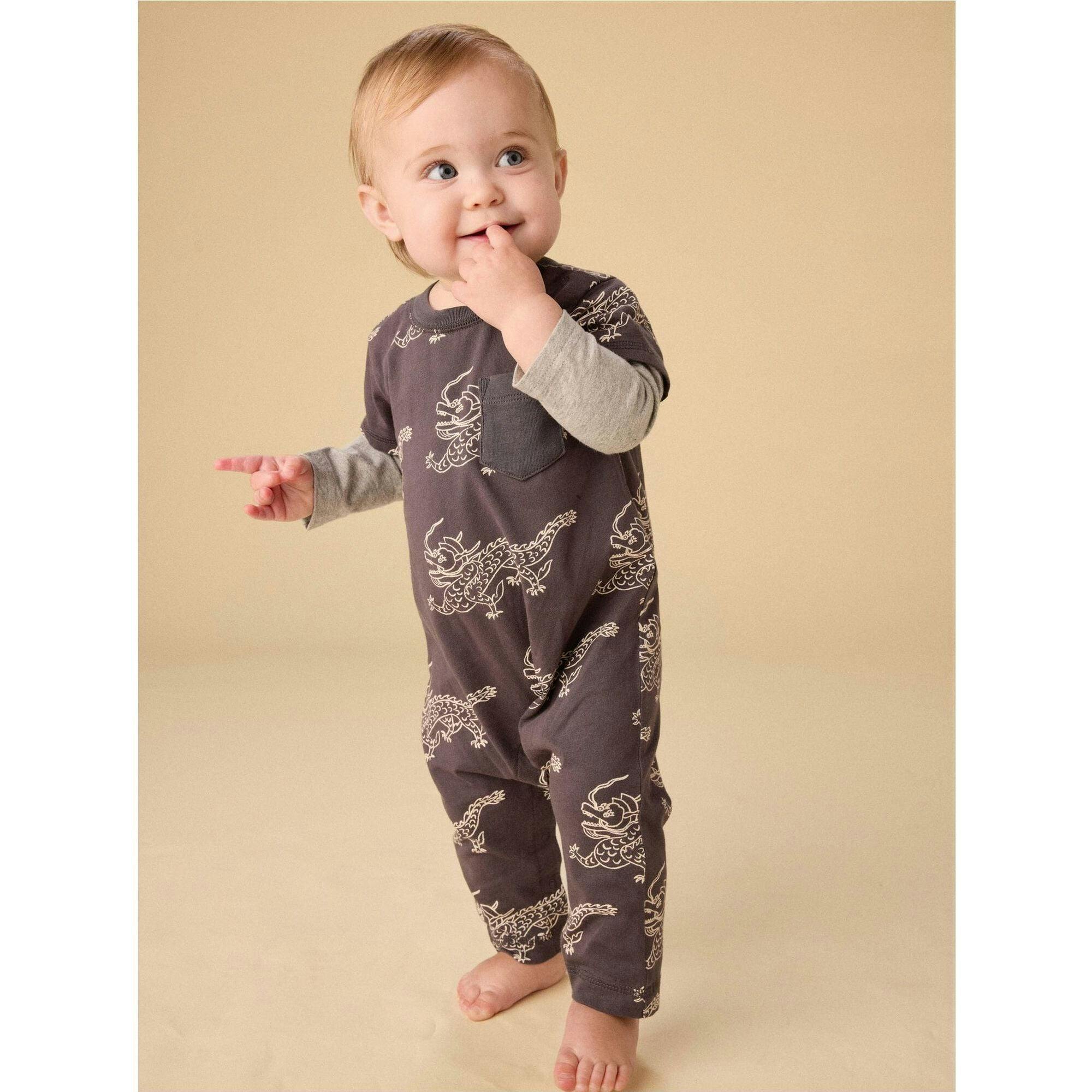 Layered Button-Up Baby Romper, Grey