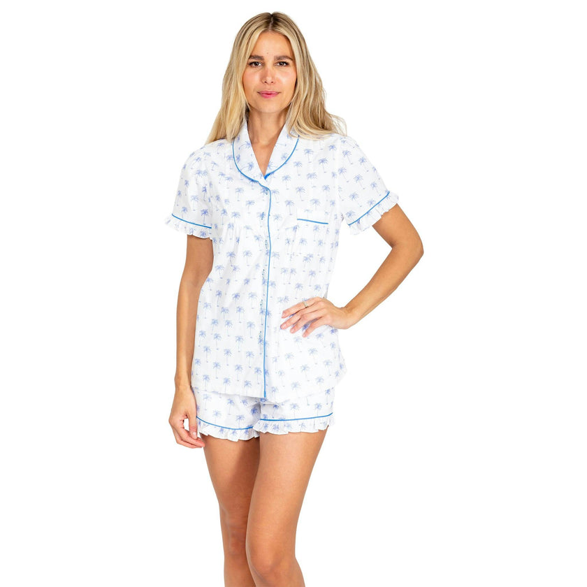 Women's Blue Palm Tree Short PJ Set - Organic Cotton Poplin