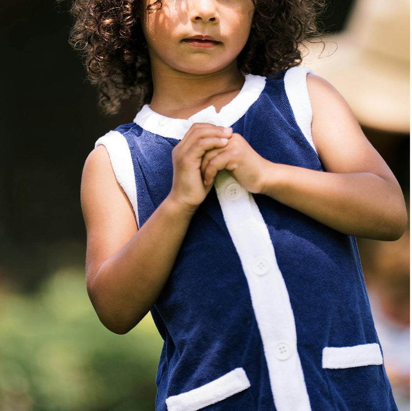 Girls Navy French Terry Sleeveless Button Down Dress