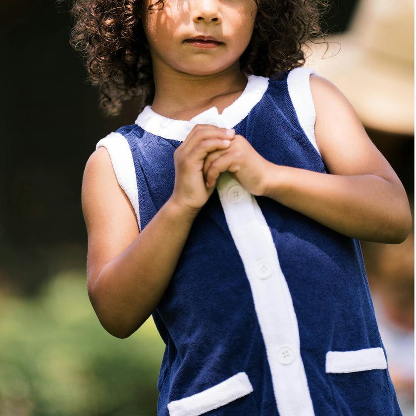 Girls Navy French Terry Sleeveless Button Down Dress