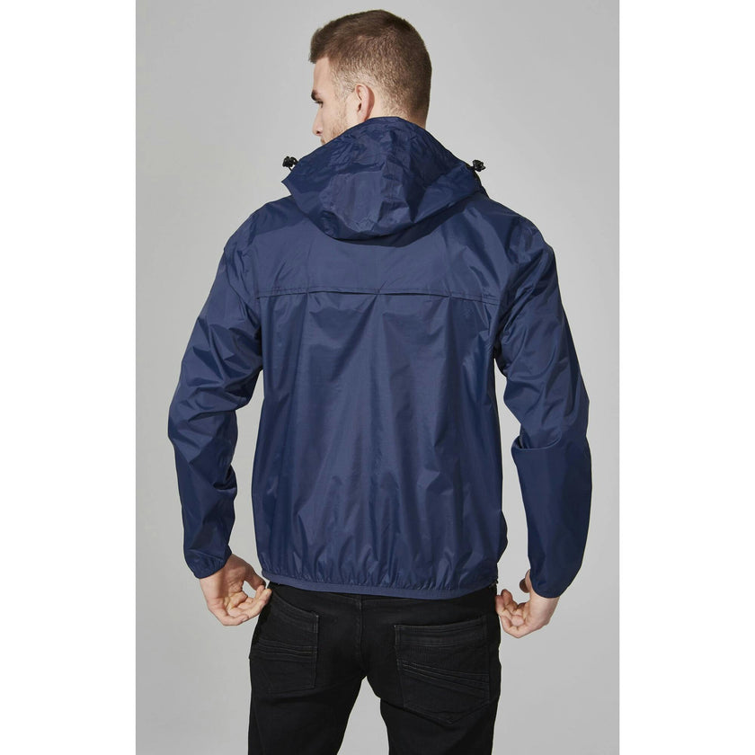 Navy full zip packable rain jacket and windbreaker