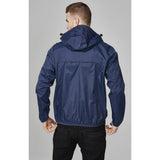 Navy full zip packable rain jacket and windbreaker