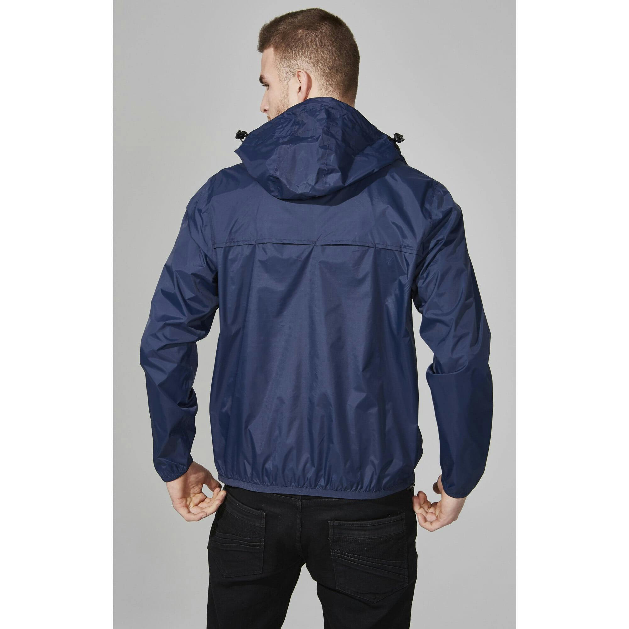 Navy full zip packable rain jacket and windbreaker