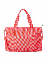 Packed Party Holiday Pink Checkered Oversized Weekender Duffel Bag – Woven Polyester with Gold Hardware, Adjustable Strap, and Lined Interior, 20.5x16x8 Inch