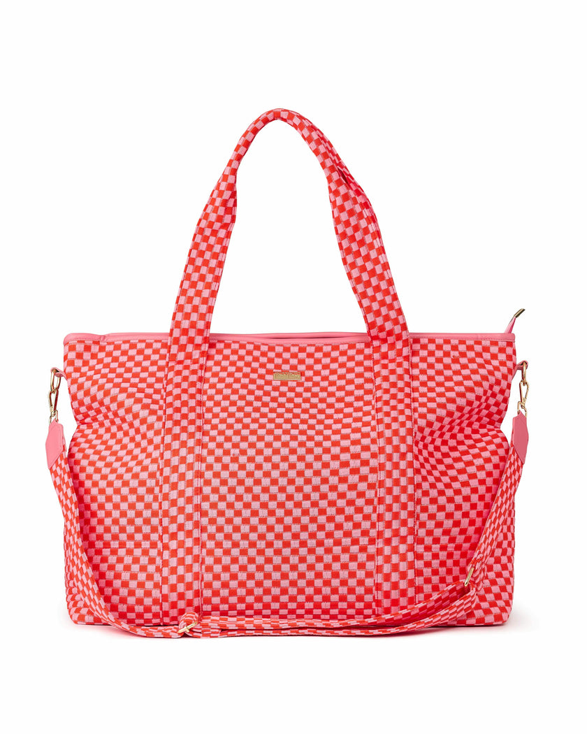 Packed Party Holiday Pink Checkered Oversized Weekender Duffel Bag – Woven Polyester with Gold Hardware, Adjustable Strap, and Lined Interior, 20.5x16x8 Inch