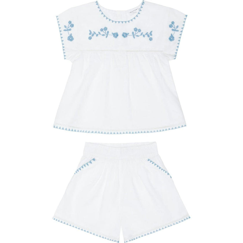 girls white embroidered cap sleeve top and short set