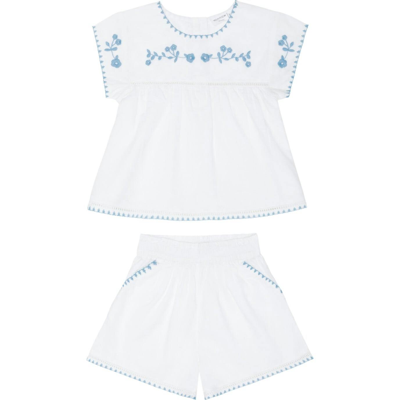 girls white embroidered cap sleeve top and short set