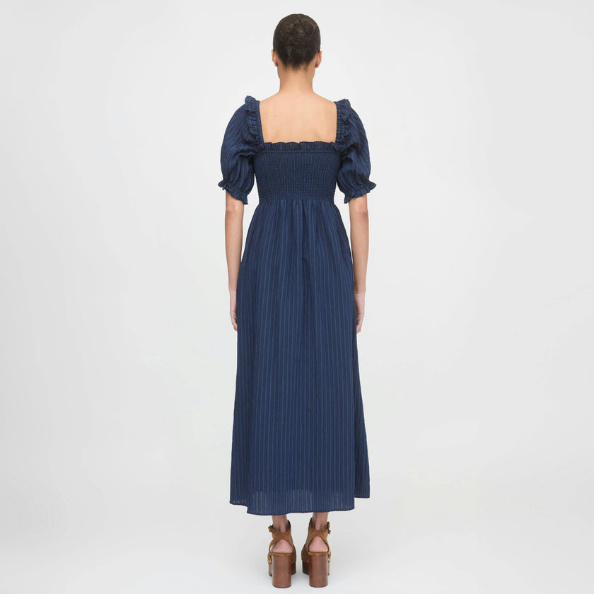The Scarlett Midi Nap Dress - Navy Tonal Seersucker