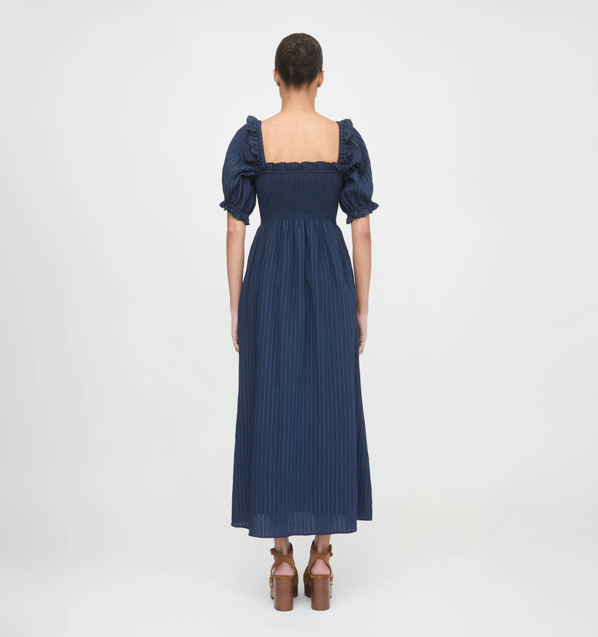 The Scarlett Midi Nap Dress - Navy Tonal Seersucker